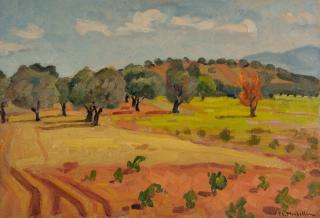 Attic Landscape — Oil painting, Fiberboard, 38.00×55.00cm — Theodoros Markellos